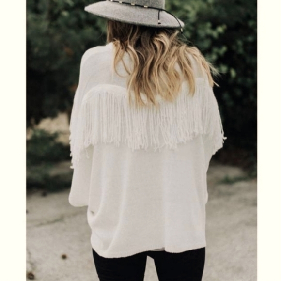 Anthropologie Bishop + Young Ivory Flax Open Front Fringe Poncho Cardigan M/L - Picture 3 of 12
